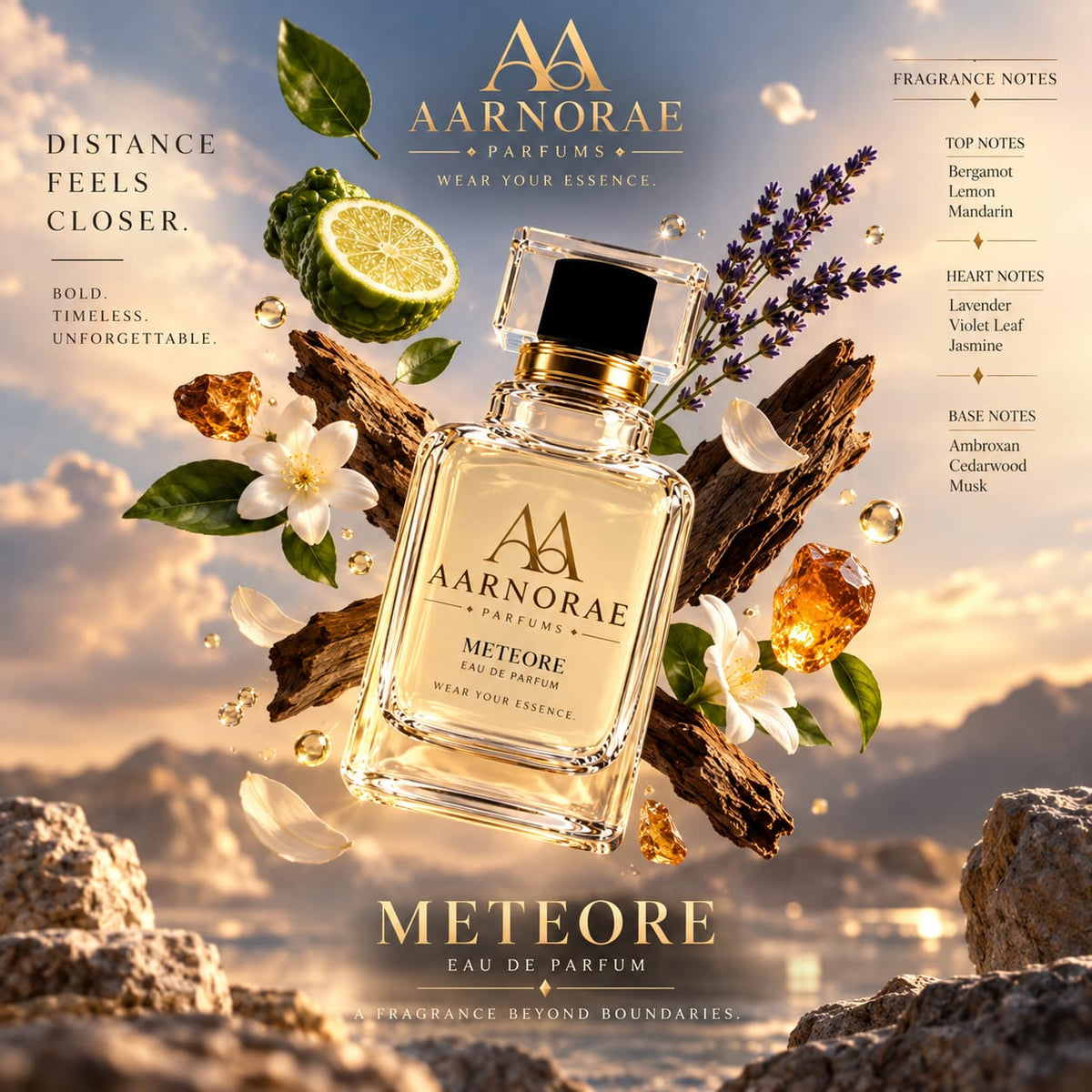 AARNORAE Meteore perfume bottle highlighting a fresh citrus aromatic and woody fragrance.
