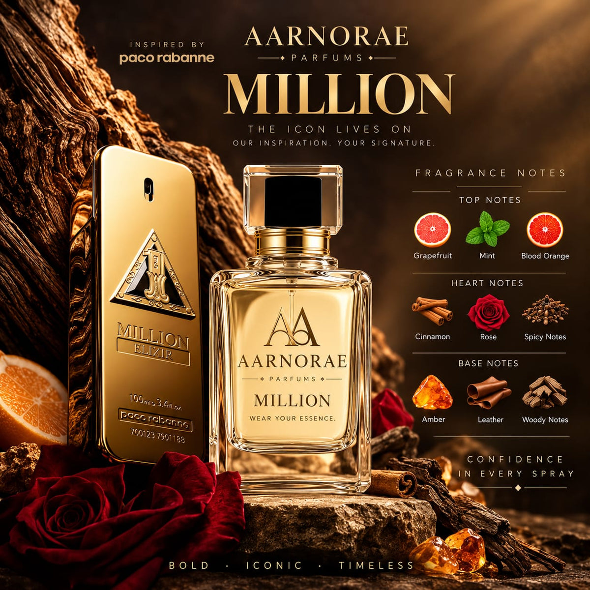 AARNORAE Million men's Eau de Parfum with grapefruit, mint, cinnamon, amber and leather.