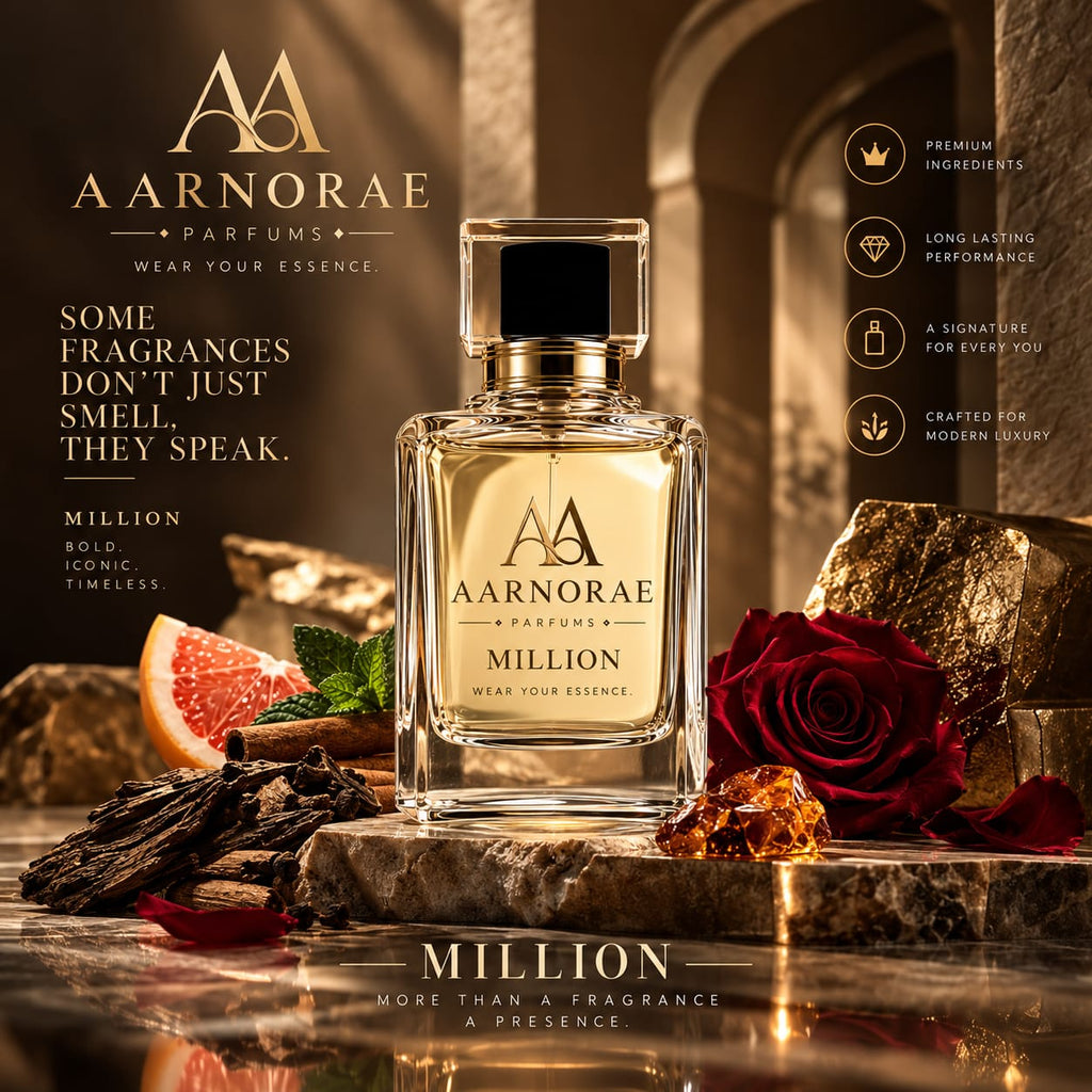 AARNORAE Million perfume bottle highlighting a rich woody spicy and amber fragrance.