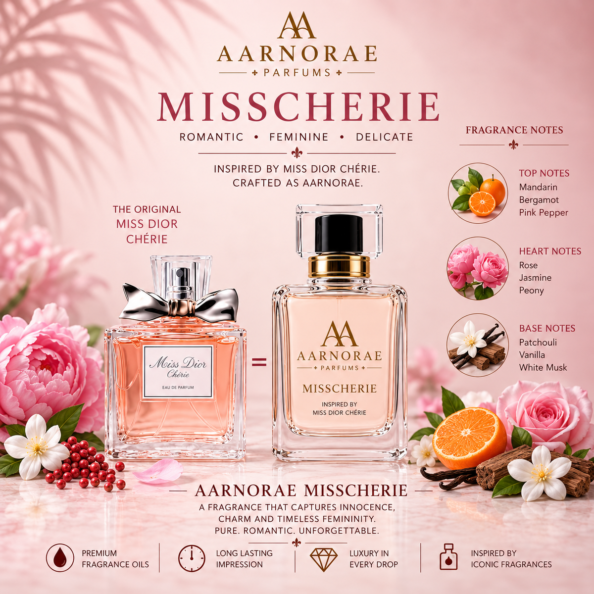AARNORAE Misscherie women's Eau de Parfum with mandarin, rose, peony, vanilla and white musk.