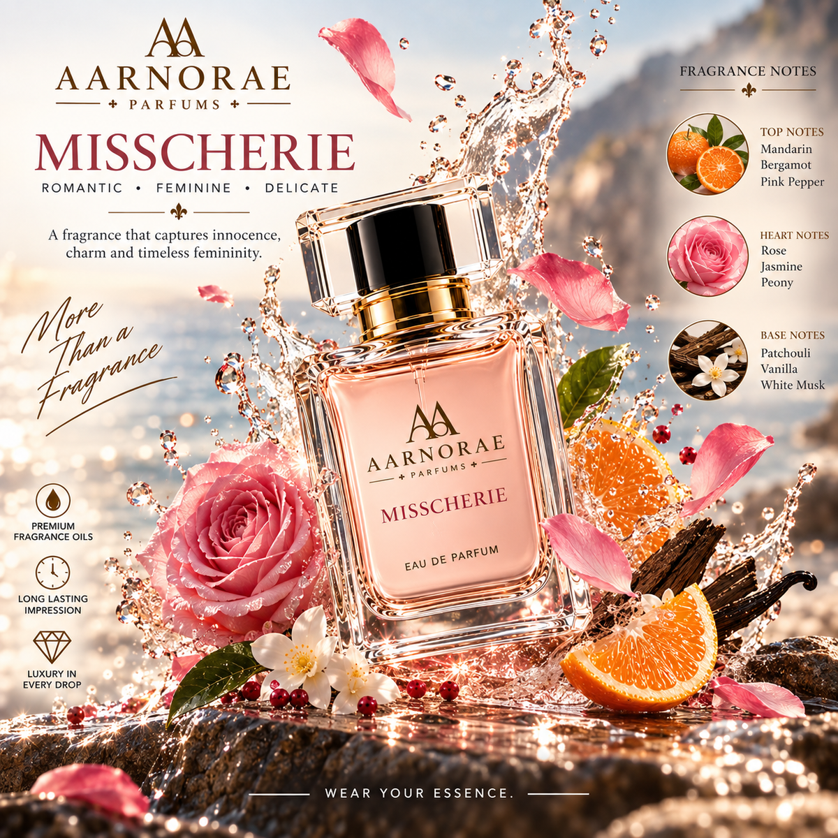 AARNORAE Misscherie perfume bottle highlighting a romantic floral fruity fragrance for women.