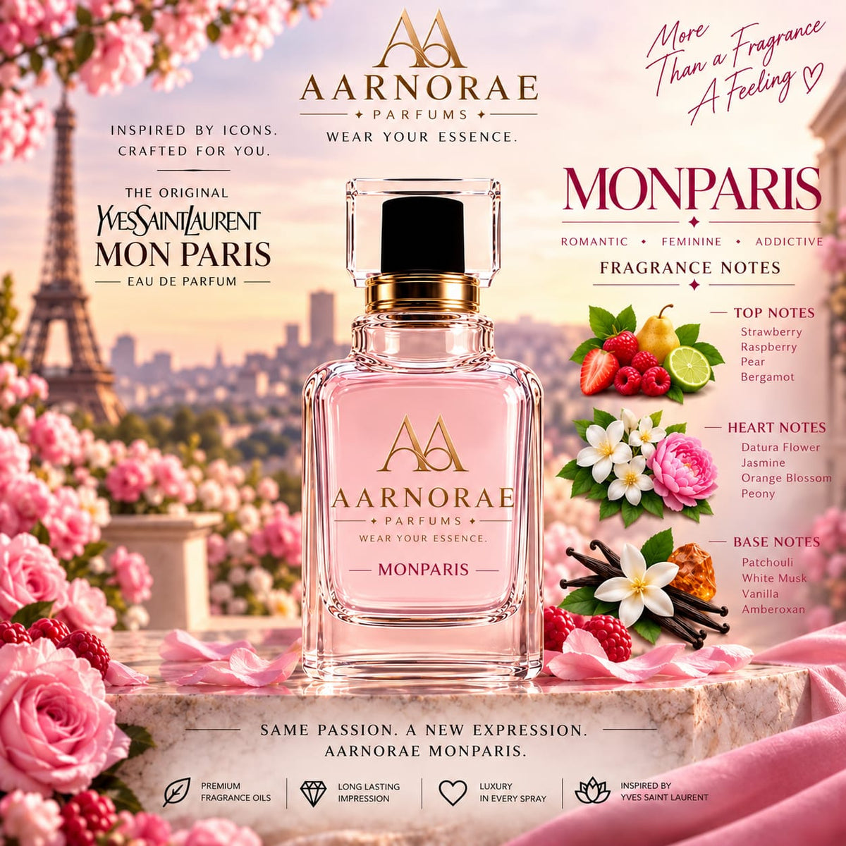 AARNORAE Monparis perfume bottle highlighting a romantic fruity floral fragrance for women.
