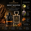 AARNORAE Most Wanted luxury men’s perfume advertisement featuring an AARNORAE Most Wanted bottle beside an Azzaro The Most Wanted reference fragrance bottle. The dramatic black and gold design presents a bold, addictive, unforgettable fragrance with bergamot, lemon, pink pepper, cardamom, lavender, geranium, clary sage, amberwood, tonka bean, vetiver, and cedarwood notes.