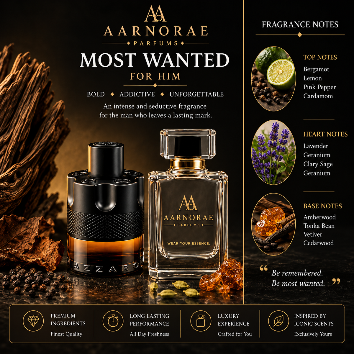AARNORAE Most Wanted luxury men’s perfume advertisement featuring an AARNORAE Most Wanted bottle beside an Azzaro The Most Wanted reference fragrance bottle. The dramatic black and gold design presents a bold, addictive, unforgettable fragrance with bergamot, lemon, pink pepper, cardamom, lavender, geranium, clary sage, amberwood, tonka bean, vetiver, and cedarwood notes.