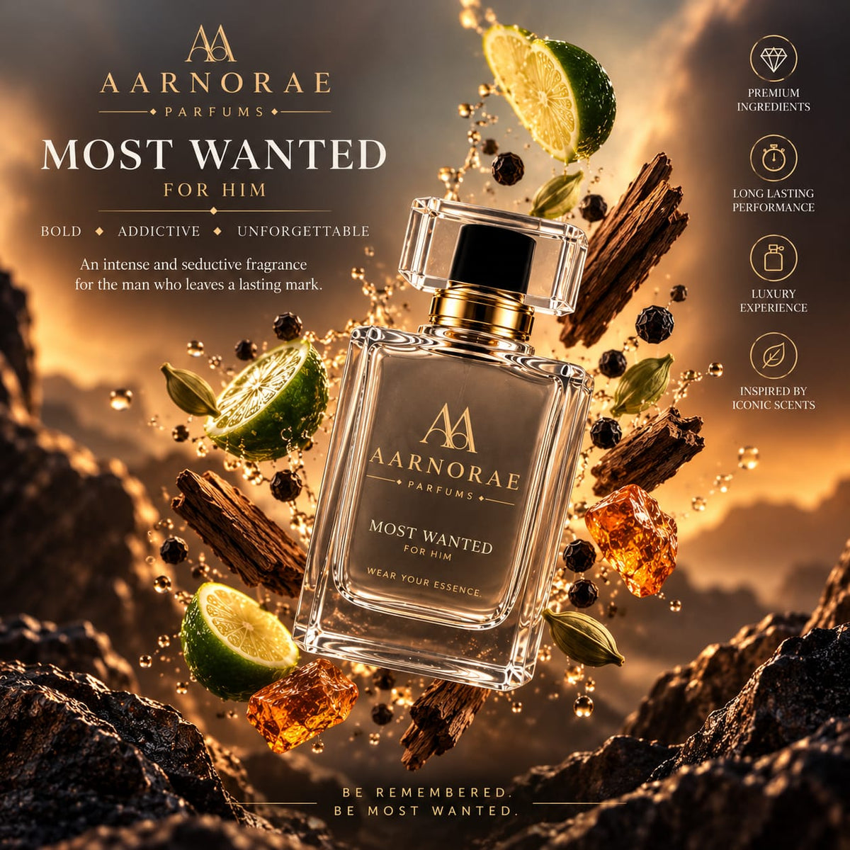 AARNORAE Most Wanted luxury men’s perfume advertisement featuring an AARNORAE Most Wanted bottle beside an Azzaro The Most Wanted reference fragrance bottle. The dramatic black and gold design presents a bold, addictive, unforgettable fragrance with bergamot, lemon, pink pepper, cardamom, lavender, geranium, clary sage, amberwood, tonka bean, vetiver, and cedarwood notes.