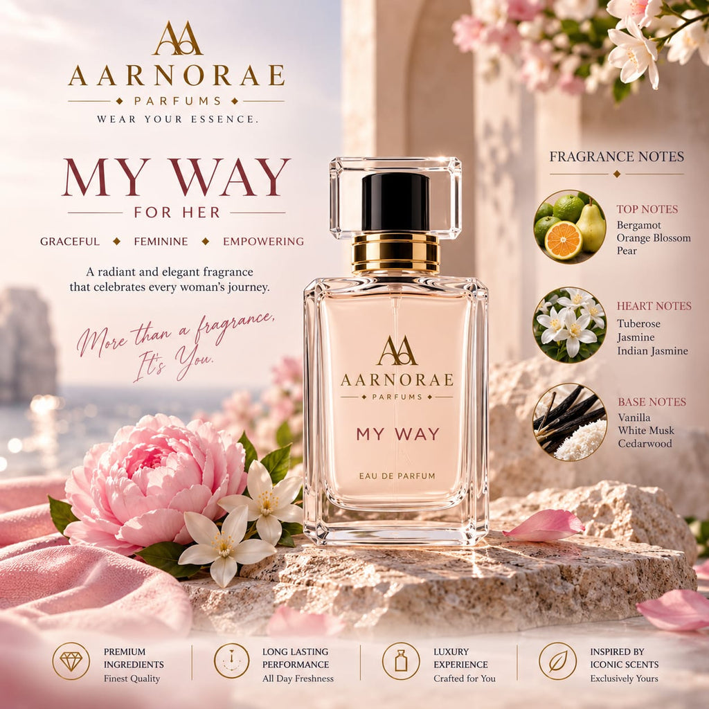 AARNORAE My Way luxury perfume advertisement featuring an AARNORAE perfume bottle beside a pink My Way reference fragrance bottle. The elegant blush-toned design presents a graceful, feminine, empowering fragrance with bergamot, orange blossom, pear, tuberose, jasmine, Indian jasmine, vanilla, white musk, and cedarwood notes.