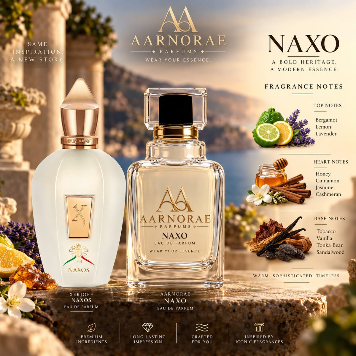 AARNORAE Naxo Eau de Parfum with bergamot, honey, cinnamon, tobacco, vanilla and sandalwood.