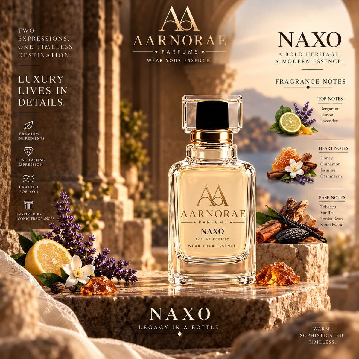 AARNORAE Naxo perfume bottle highlighting a warm citrus, amber and gourmand fragrance.