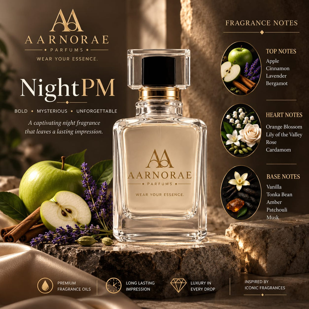 A premium AARNORAE PARFUMS “NightPM” perfume advertisement featuring a clear AARNORAE bottle beside a dark 9 PM reference fragrance bottle. The black-and-gold luxury design presents a bold, mysterious, unforgettable nighttime fragrance, with notes of apple, cinnamon, lavender, bergamot, orange blossom, lily of the valley, rose, cardamom, vanilla, tonka bean, amber, patchouli, and musk.