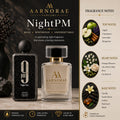 A premium AARNORAE PARFUMS “NightPM” perfume advertisement featuring a clear AARNORAE bottle beside a dark 9 PM reference fragrance bottle. The black-and-gold luxury design presents a bold, mysterious, unforgettable nighttime fragrance, with notes of apple, cinnamon, lavender, bergamot, orange blossom, lily of the valley, rose, cardamom, vanilla, tonka bean, amber, patchouli, and musk.