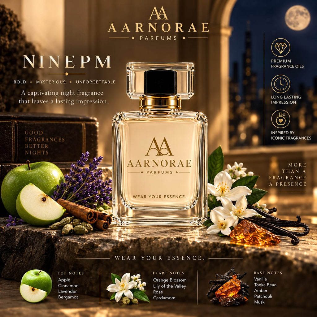 A premium AARNORAE PARFUMS “NINE PM” perfume advertisement featuring a clear AARNORAE bottle beside a black 9 PM reference bottle. The elegant beige design highlights a bold, mysterious, unforgettable nighttime fragrance and lists apple, cinnamon, lavender, bergamot, orange blossom, lily of the valley, rose, cardamom, vanilla, tonka bean, amber, patchouli, and musk as the fragrance notes.
