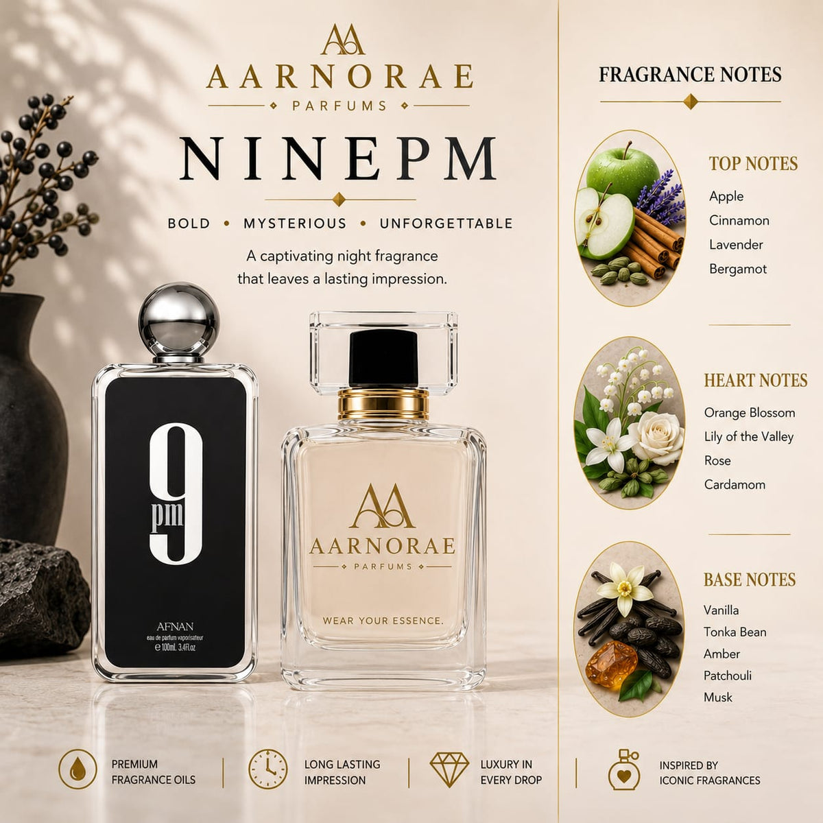 A premium AARNORAE PARFUMS “NINE PM” perfume advertisement featuring a clear AARNORAE bottle beside a black 9 PM reference bottle. The elegant beige design highlights a bold, mysterious, unforgettable nighttime fragrance and lists apple, cinnamon, lavender, bergamot, orange blossom, lily of the valley, rose, cardamom, vanilla, tonka bean, amber, patchouli, and musk as the fragrance notes.