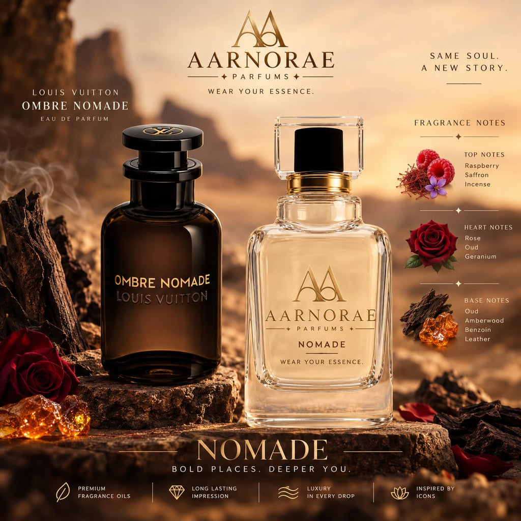 AARNORAE Nomade Eau de Parfum with raspberry, saffron, incense, rose, oud and leather.