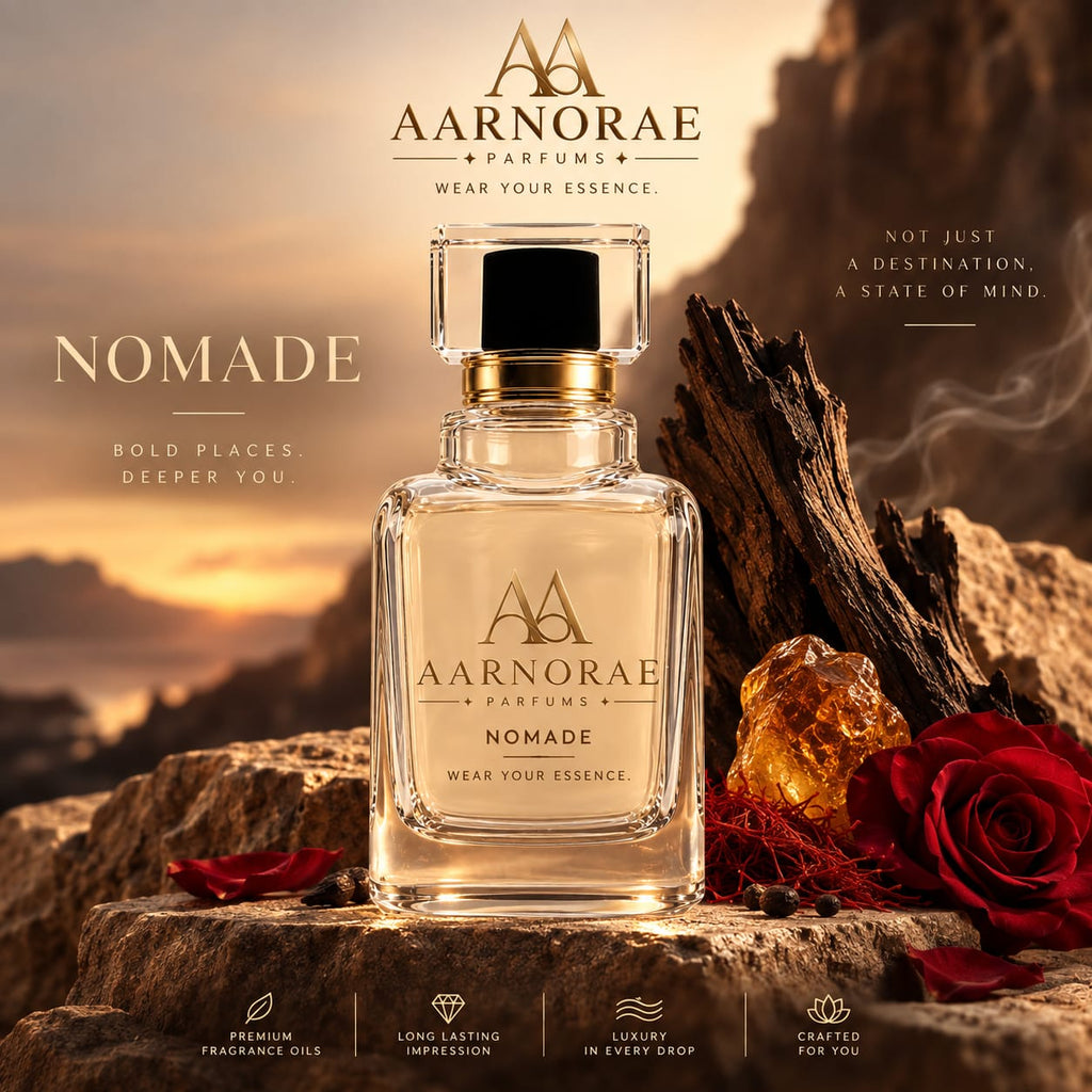 AARNORAE Nomade perfume bottle highlighting a dark oud, amber and woody fragrance.