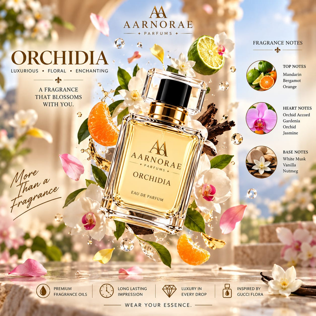 AARNORAE Orchidia perfume bottle highlighting a creamy floral and musky fragrance for women.