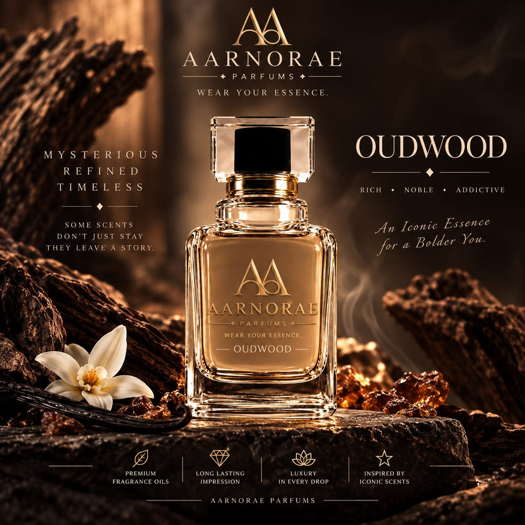 AARNORAE Oudwood perfume bottle highlighting a refined woody, spicy and warm fragrance.