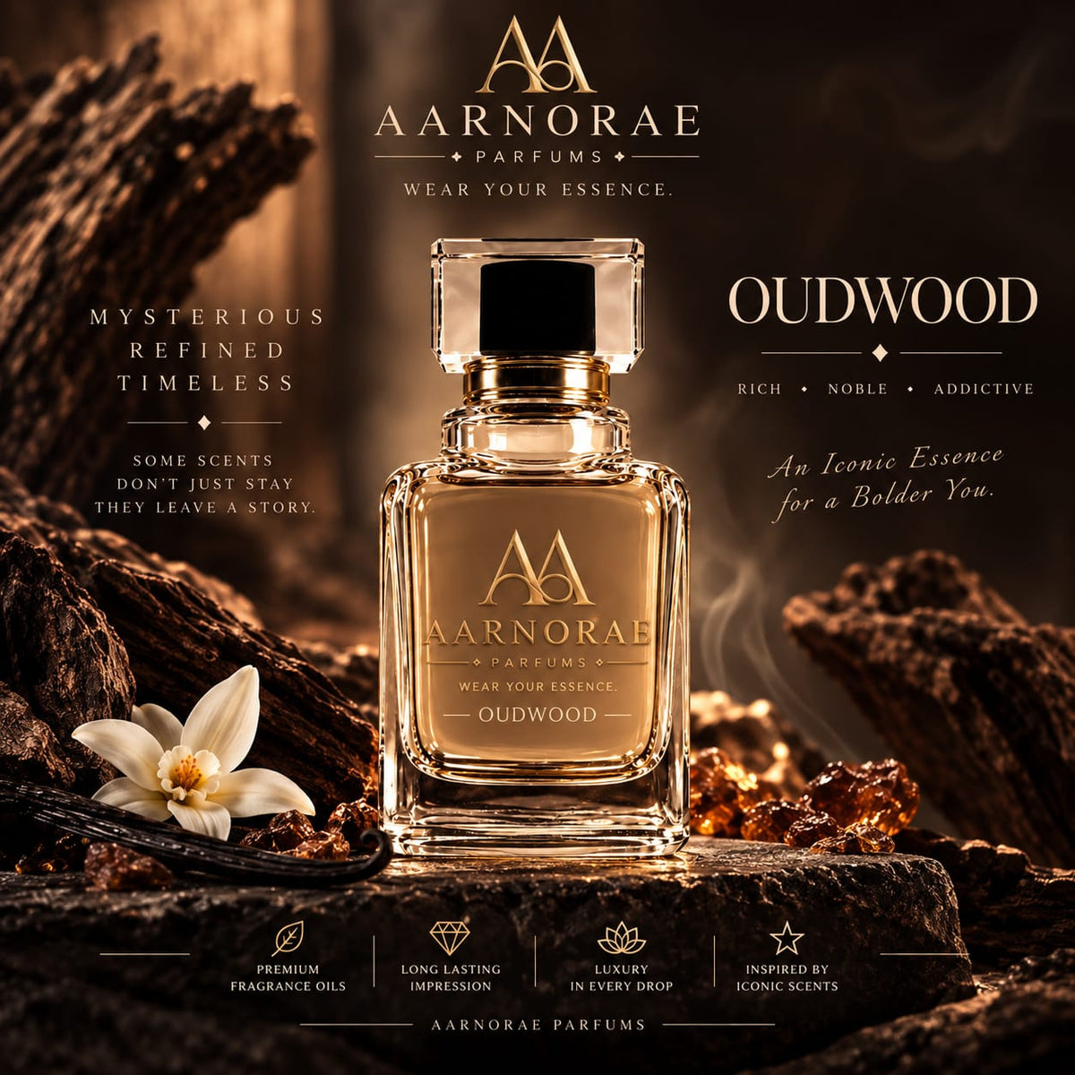 AARNORAE Oudwood perfume bottle highlighting a refined woody, spicy and warm fragrance.