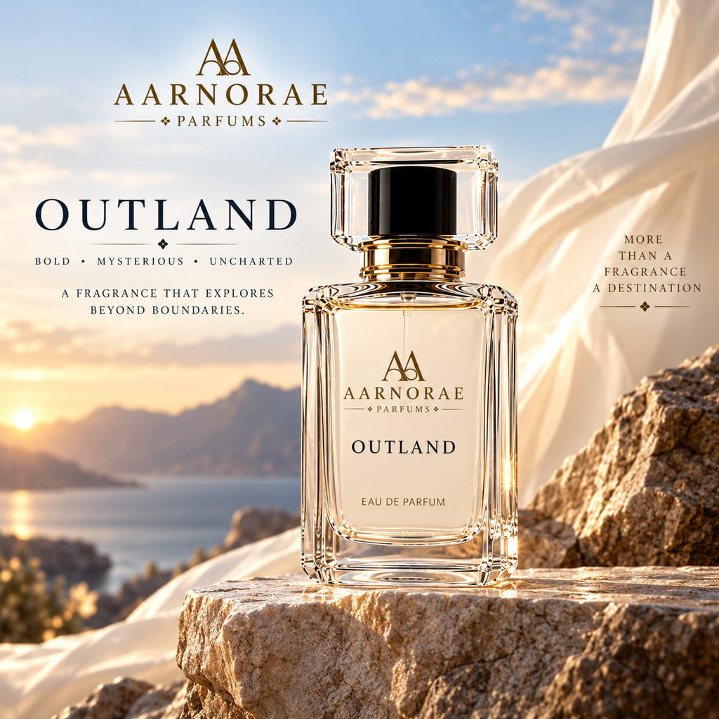 AARNORAE Outland luxury perfume advertisement featuring a clear AARNORAE perfume bottle beside a cream-colored Outland reference fragrance bottle. The sophisticated beige design presents a bold, mysterious, uncharted woody-aromatic fragrance with bergamot, pink pepper, elemi, lavender, sage, geranium, violet leaf, cedarwood, vetiver, ambergris, and patchouli notes.