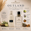 AARNORAE Outland luxury perfume advertisement featuring a clear AARNORAE perfume bottle beside a cream-colored Outland reference fragrance bottle. The sophisticated beige design presents a bold, mysterious, uncharted woody-aromatic fragrance with bergamot, pink pepper, elemi, lavender, sage, geranium, violet leaf, cedarwood, vetiver, ambergris, and patchouli notes.
