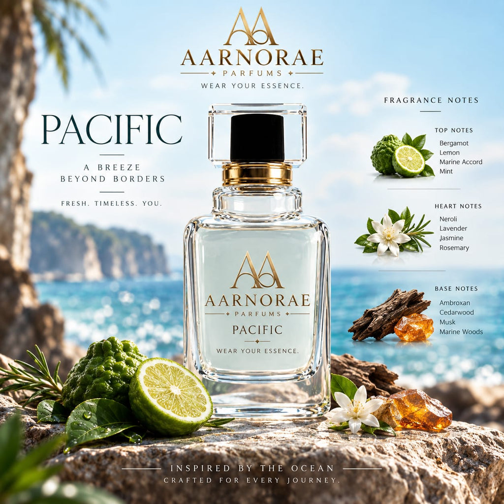 AARNORAE Pacific perfume bottle highlighting a fresh citrus aquatic and aromatic fragrance.