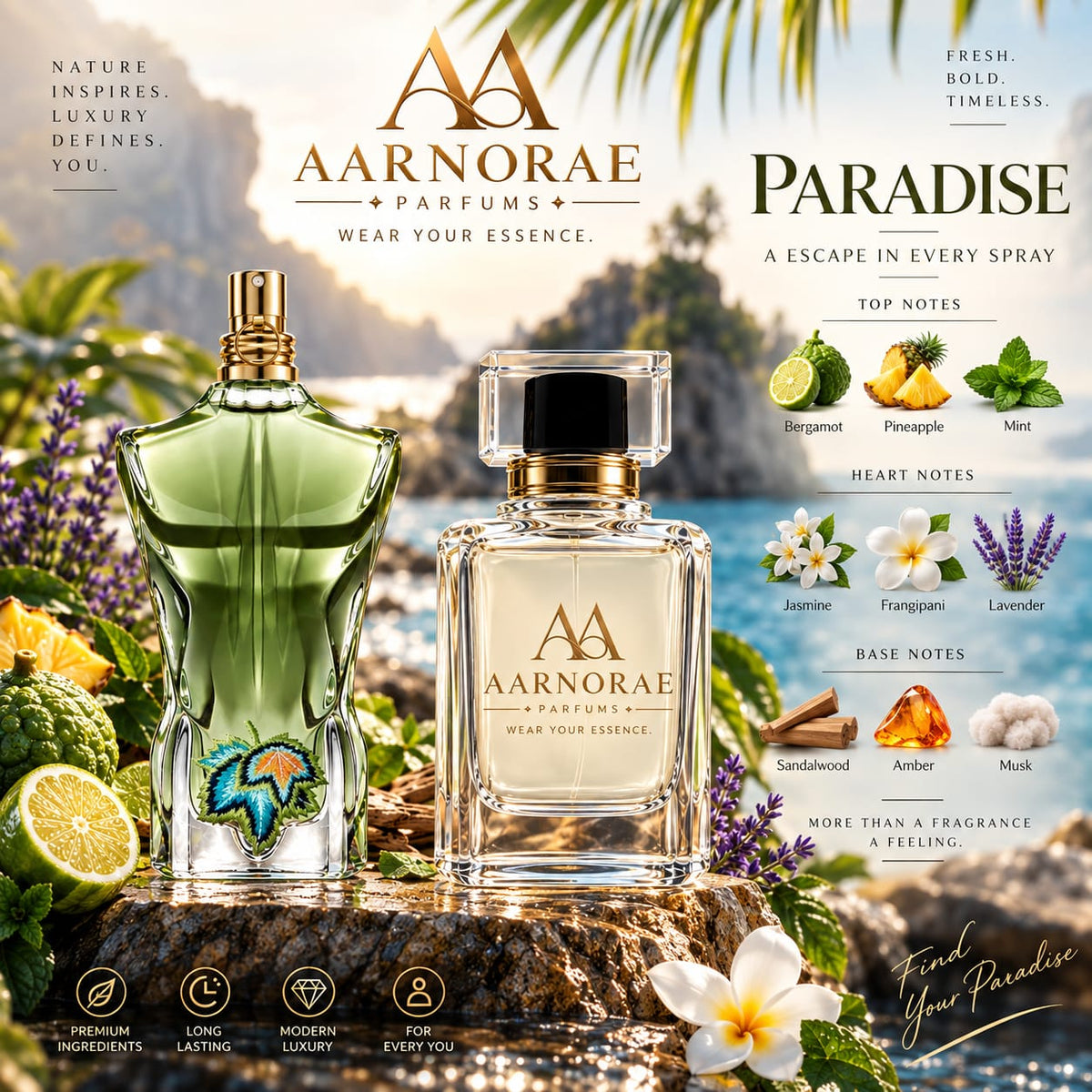 A clear glass perfume bottle with a black cap and gold collar sits on a stone surface in a tropical outdoor setting. The bottle is labeled AARNORAE PARFUMS and reads 'WEAR YOUR ESSENCE.