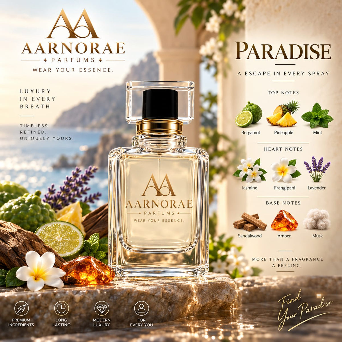 A clear glass perfume bottle with a black cap and gold collar sits on a stone surface in a tropical outdoor setting. The bottle is labeled AARNORAE PARFUMS and reads 'WEAR YOUR ESSENCE.