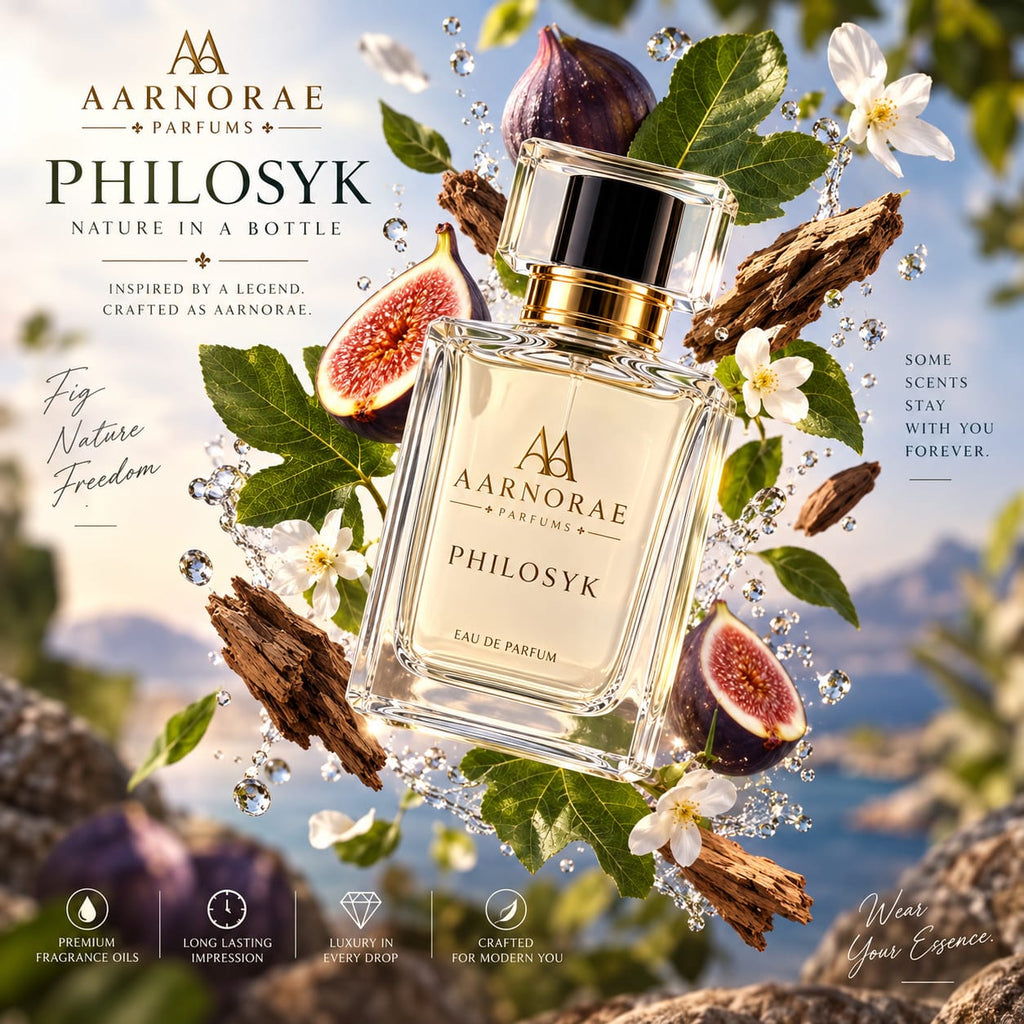 AARNORAE Philosyk perfume bottle highlighting a natural green woody and creamy fig fragrance.