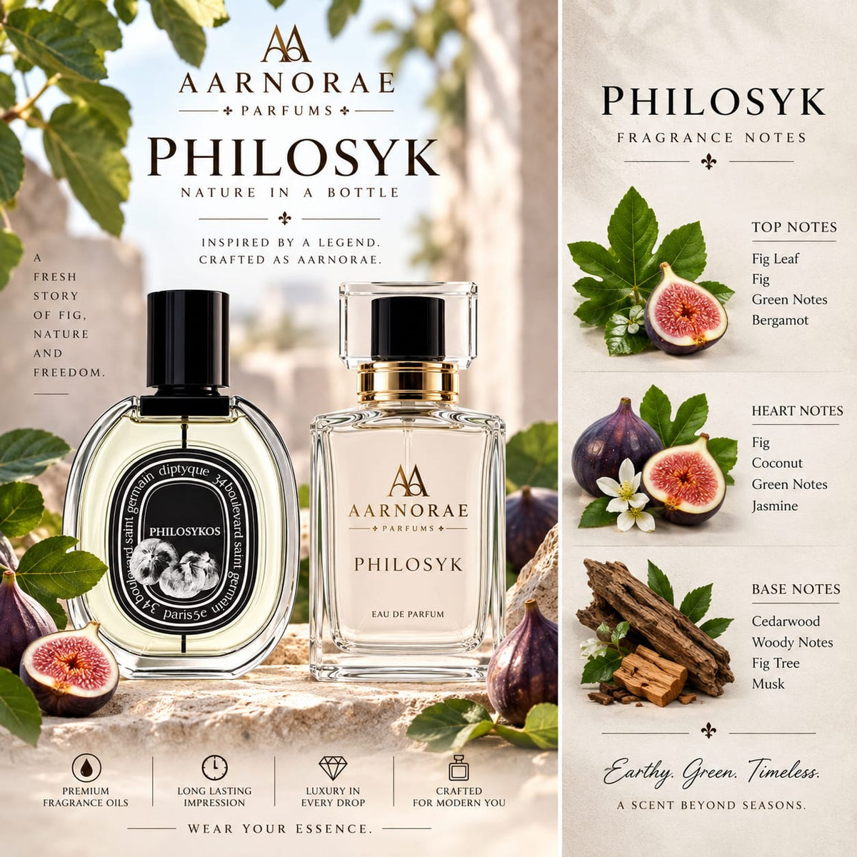 AARNORAE Philosyk Eau de Parfum with fig leaf, green notes, coconut, jasmine, cedarwood and musk.