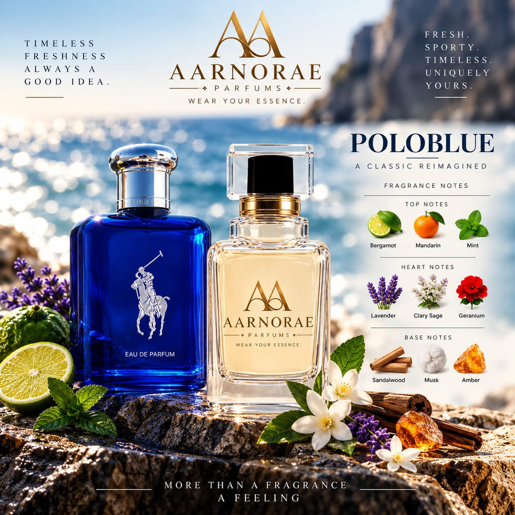 AARNORAE Poloblue men's Eau de Parfum with bergamot, mint, lavender, sandalwood and amber.