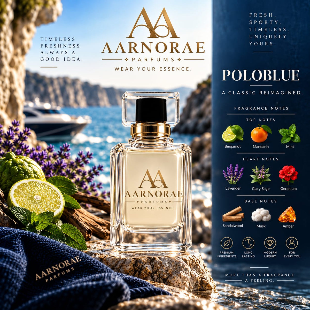 AARNORAE Poloblue perfume bottle highlighting a fresh aromatic and woody fragrance for men.