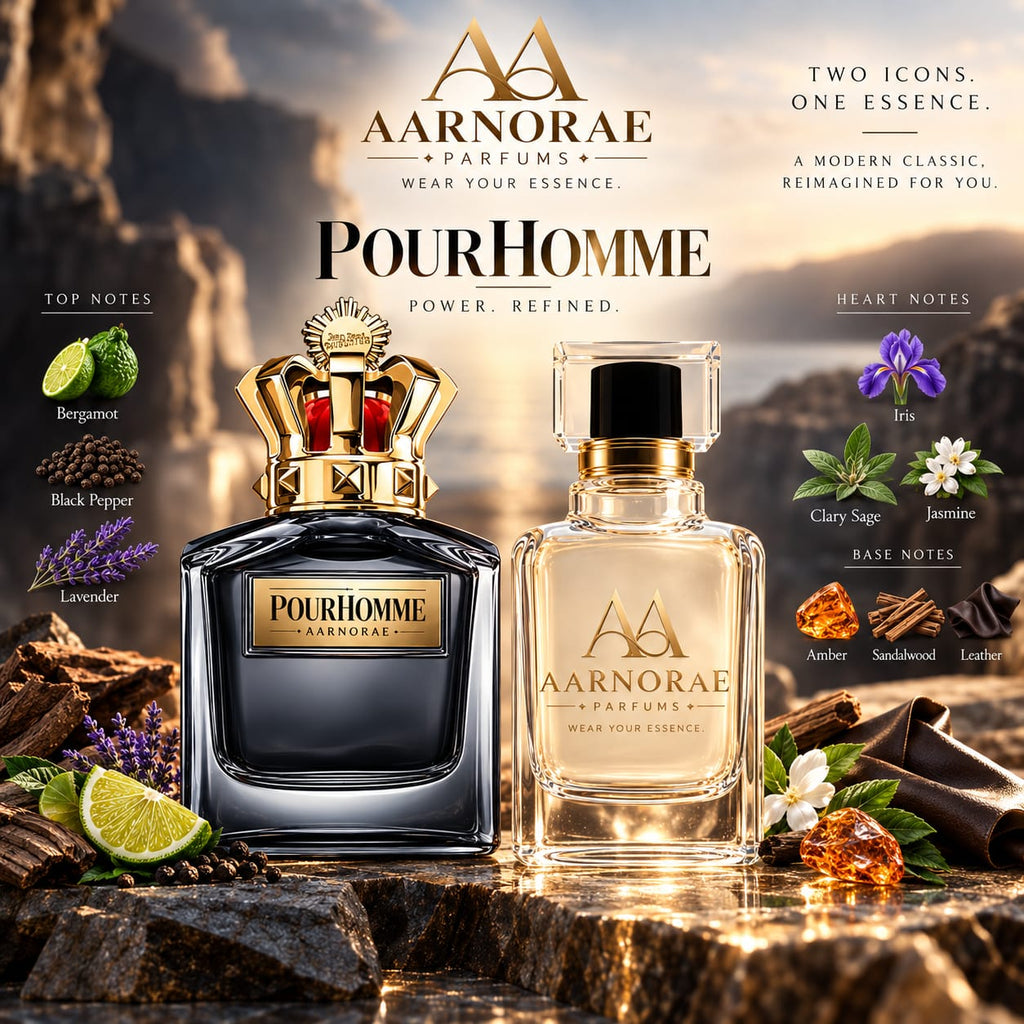 Two Aarnorae Pour Homme perfume bottles displayed on a rocky surface with botanical and spice props. The left bottle is dark glass with a gold crown cap and red accents, and the right bottle is clear glass with a gold cap.