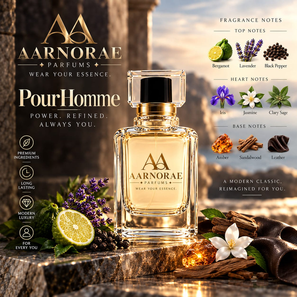 A bottle of Aarnorae Pour Homme fragrance is centered on a stone surface with citrus, flowers, and wood props, alongside fragrance notes text and branding on a warm outdoor-style background.