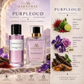 AARNORAE Purple Oud luxury perfume advertisement featuring a purple fragrance bottle beside an original-inspired perfume bottle, surrounded by saffron, bergamot, Turkish rose, violet, orris, jasmine, oud, amber, sandalwood, musk and patchouli fragrance notes.