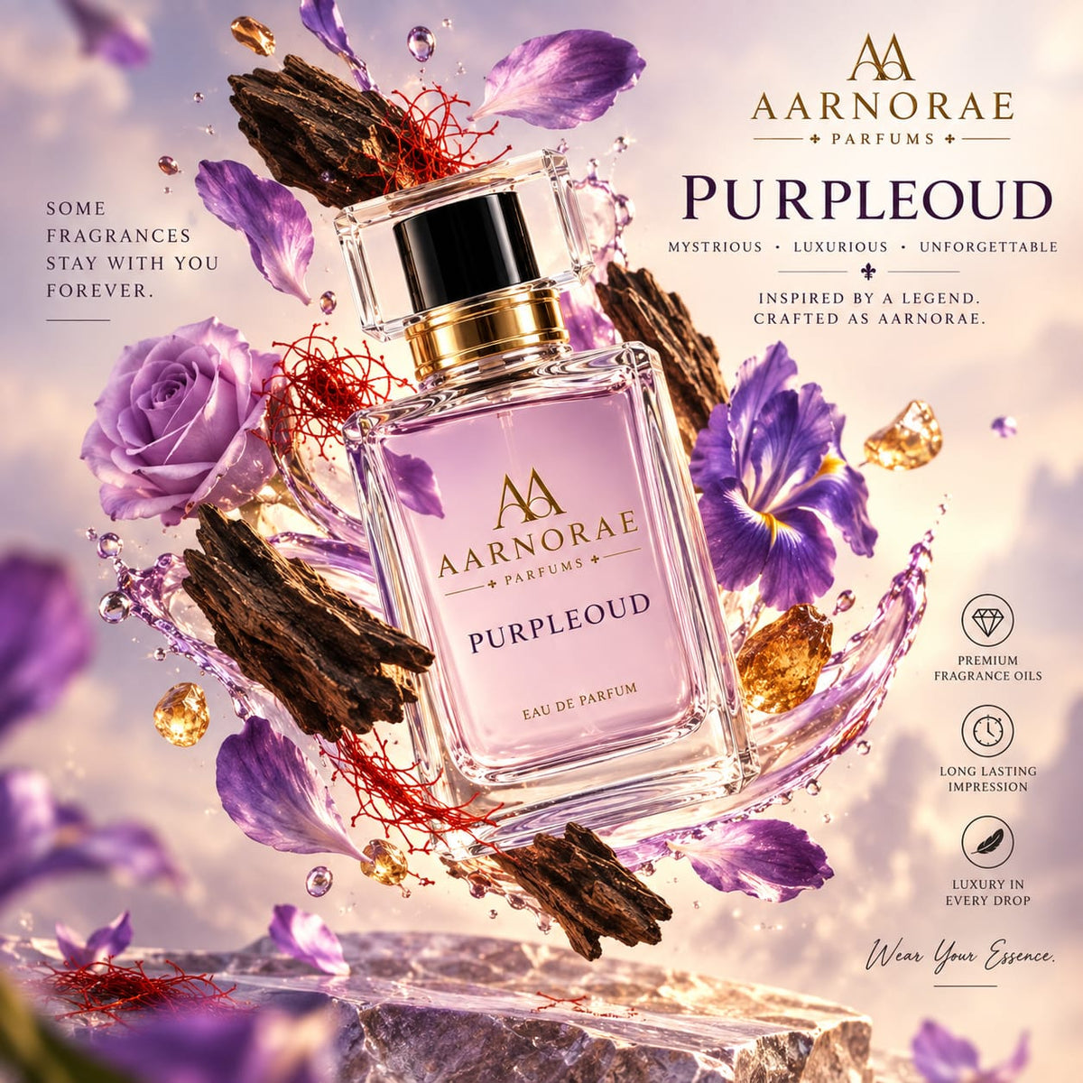 AARNORAE Purple Oud luxury perfume advertisement featuring a purple fragrance bottle beside an original-inspired perfume bottle, surrounded by saffron, bergamot, Turkish rose, violet, orris, jasmine, oud, amber, sandalwood, musk and patchouli fragrance notes.