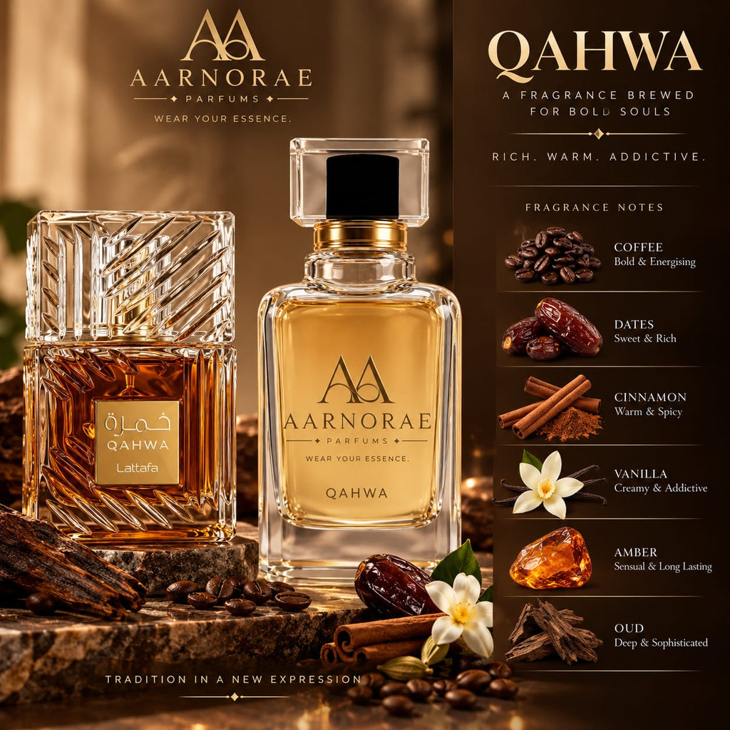 AARNORAE Qahwa Eau de Parfum with coffee, dates, cinnamon, vanilla, amber and oud.