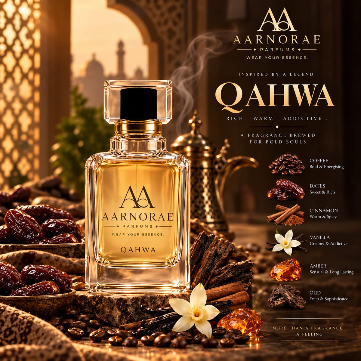 AARNORAE Qahwa perfume bottle highlighting a warm coffee gourmand and spicy amber fragrance.