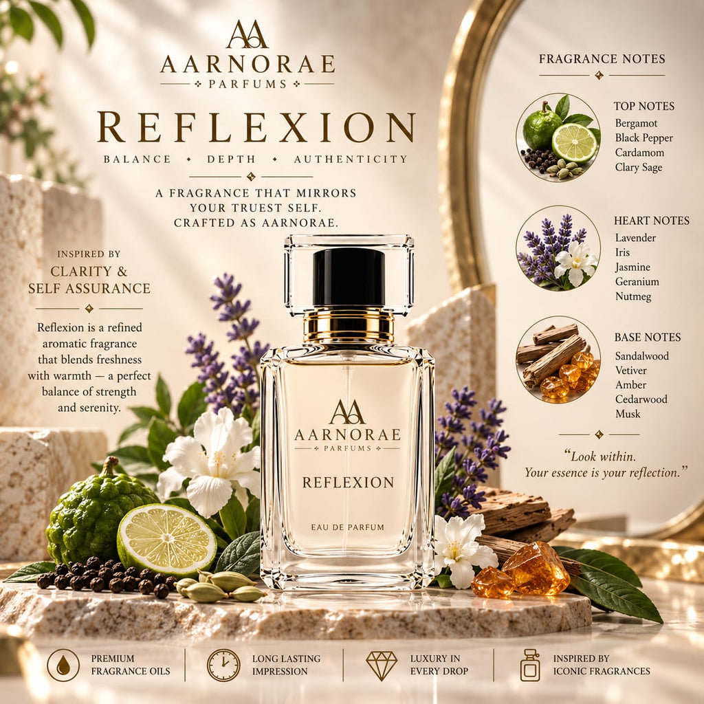 AARNORAE Reflexion perfume bottle highlighting a refined aromatic and woody fragrance.