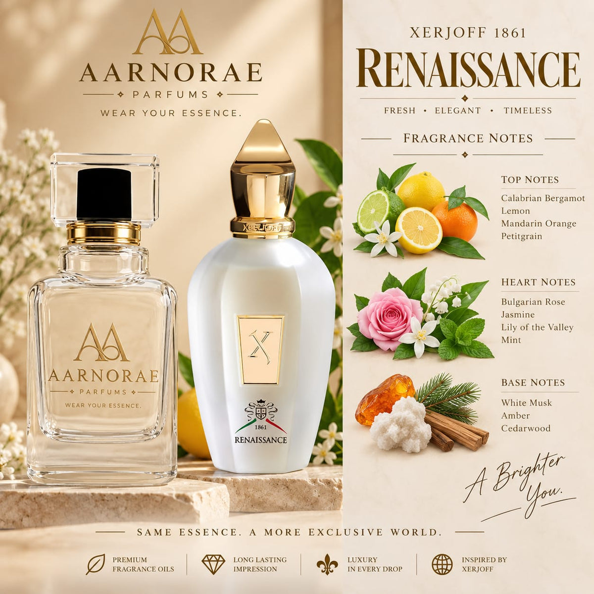 AARNORAE Renaissance Eau de Parfum with bergamot, lemon, mint, rose, white musk and cedarwood.