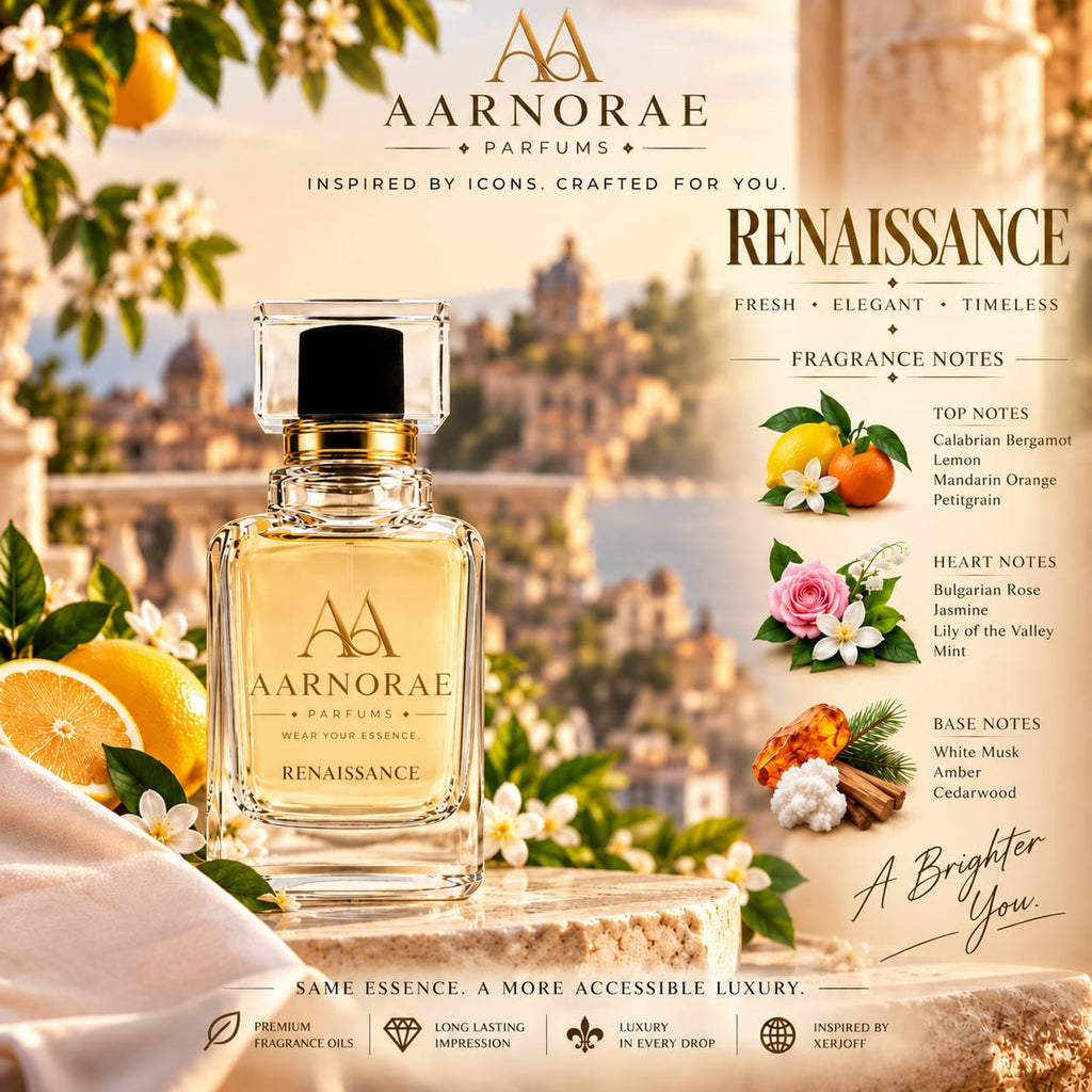 AARNORAE Renaissance perfume bottle highlighting a bright citrus aromatic and floral fragrance.