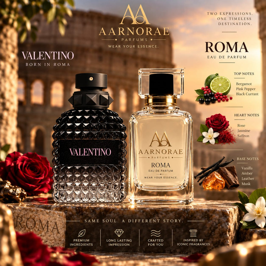 AARNORAE Roma Eau de Parfum with bergamot, blackcurrant, rose, saffron, vanilla and leather.