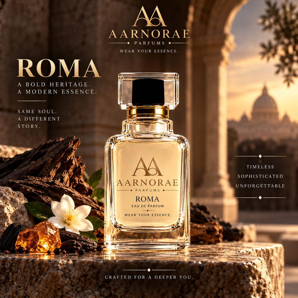 AARNORAE Roma perfume bottle highlighting a warm floral spicy amber and woody fragrance.