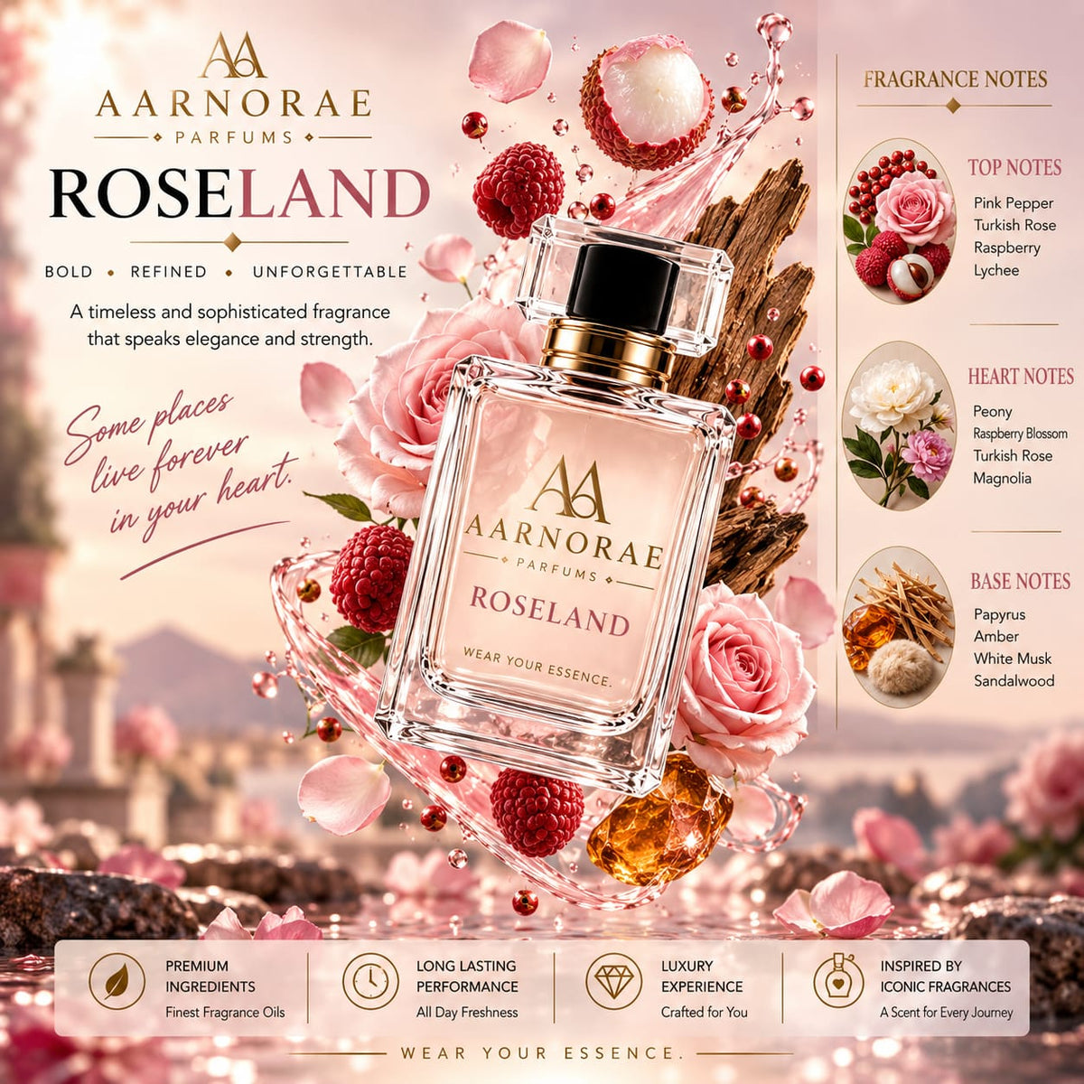 AARNORAE Roseland perfume bottle highlighting an elegant floral amber fragrance for women.