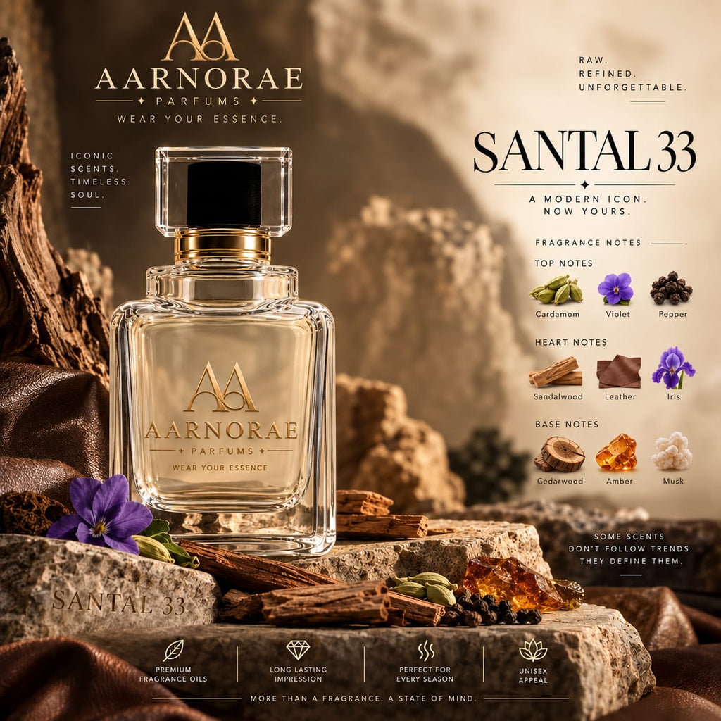 AARNORAE Santal perfume bottle highlighting a woody spicy leathery unisex fragrance.