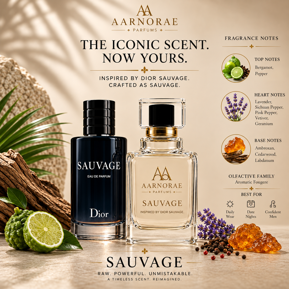 AARNORAE Sauvage men's Eau de Parfum with bergamot, pepper, lavender, ambroxan and cedarwood.