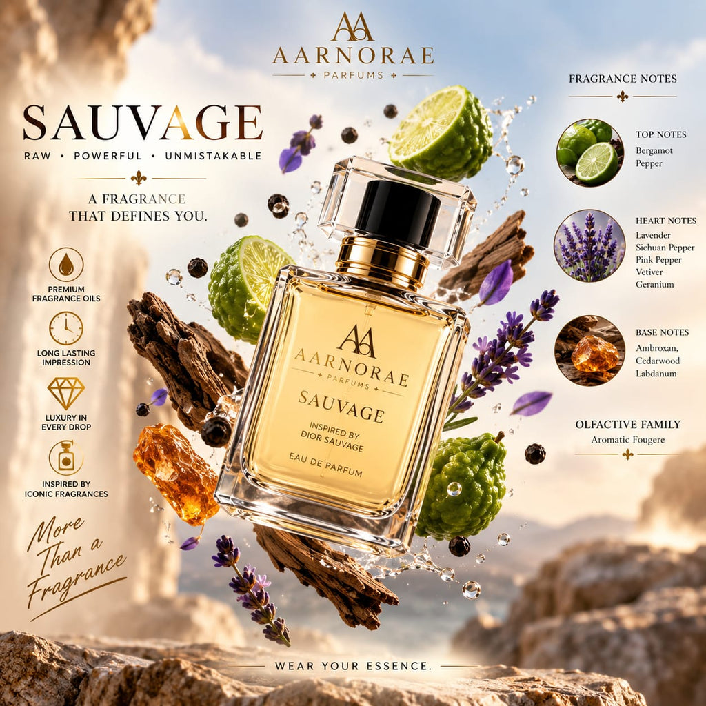 AARNORAE Sauvage perfume bottle highlighting a bold aromatic fougere fragrance for men.