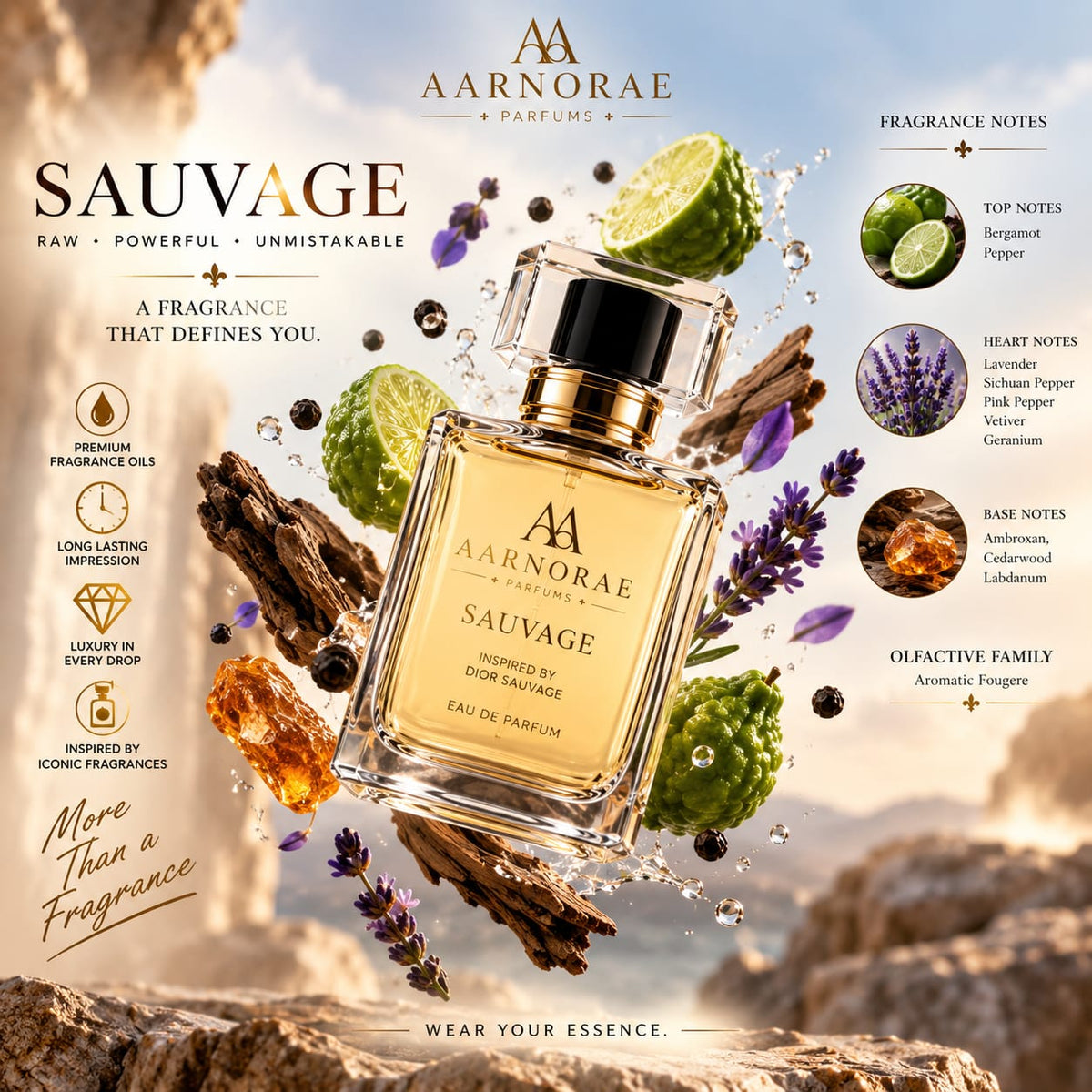 AARNORAE Sauvage perfume bottle highlighting a bold aromatic fougere fragrance for men.
