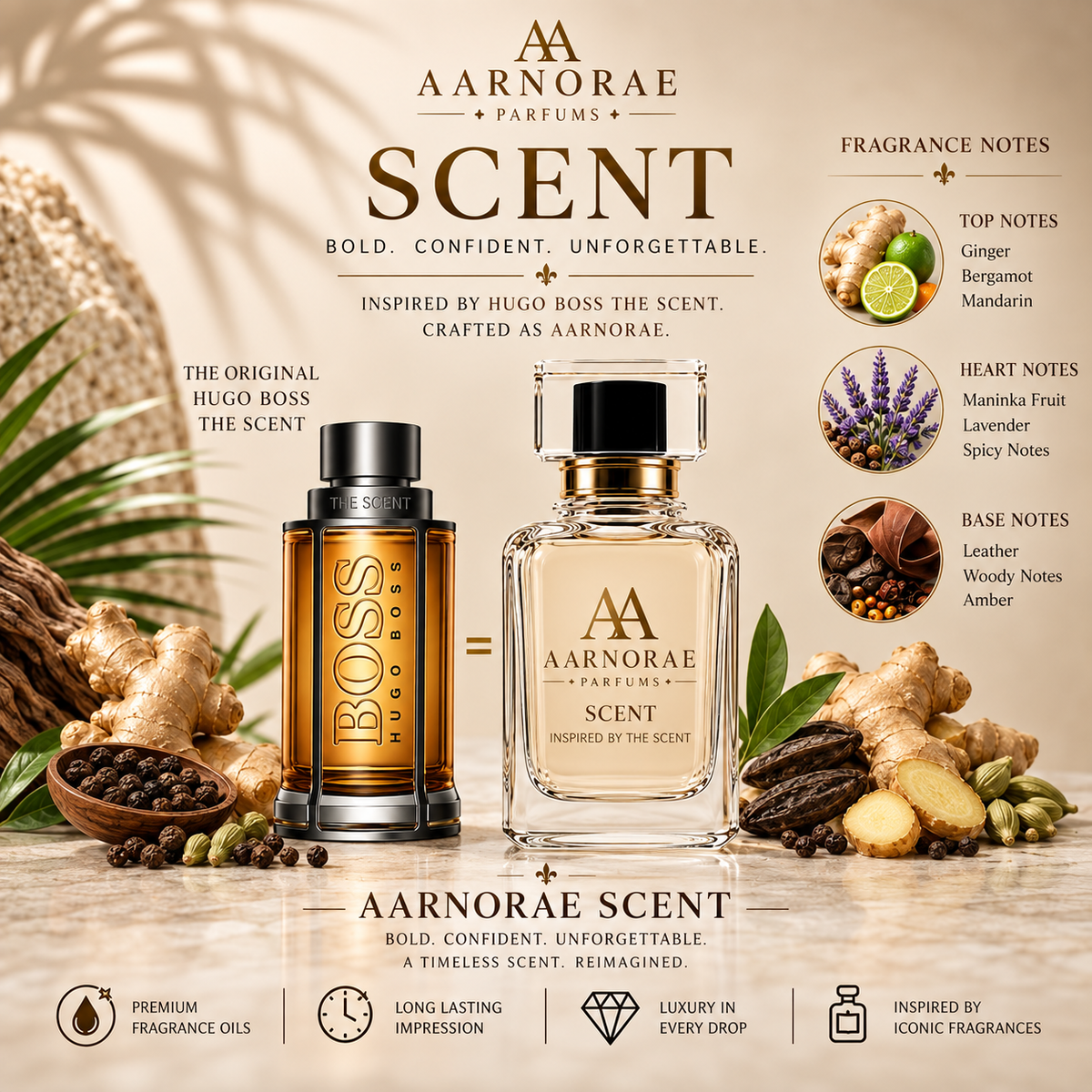 AARNORAE Scent men's Eau de Parfum with ginger, bergamot, maninka fruit, leather and amber.