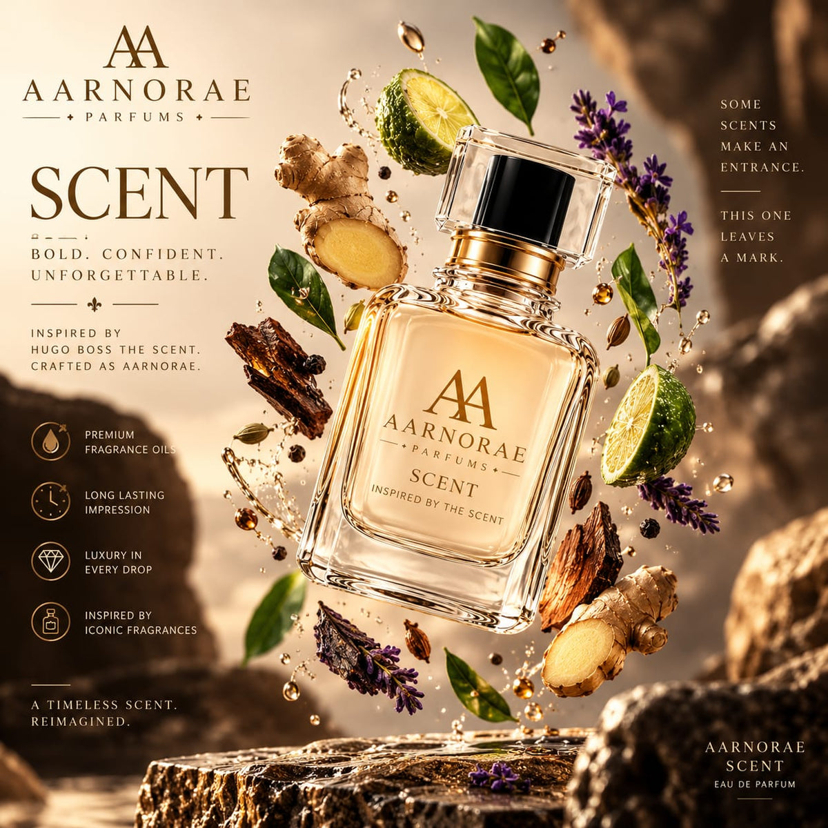 AARNORAE Scent perfume bottle highlighting a warm spicy and woody fragrance for men.
