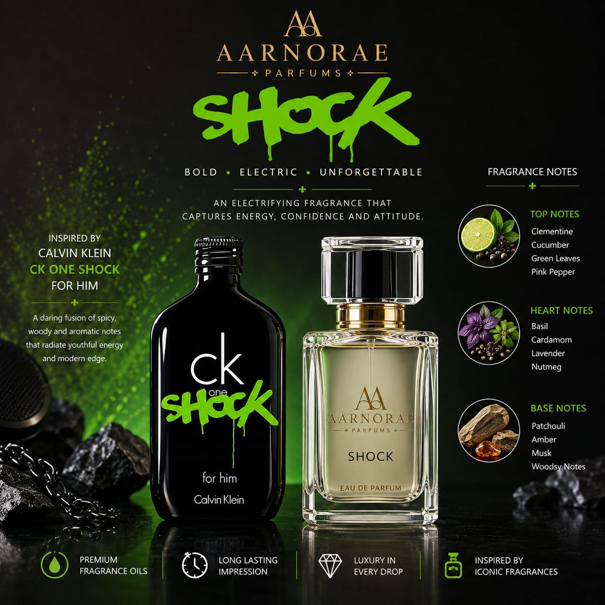 AARNORAE Shock men's Eau de Parfum with clementine, cardamom, lavender, patchouli and amber.