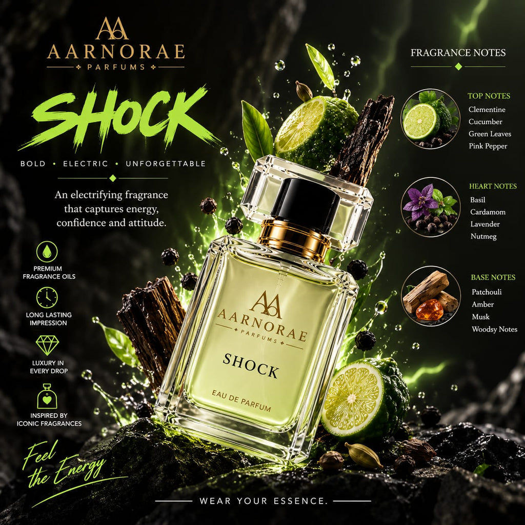 AARNORAE Shock perfume bottle highlighting an aromatic spicy and woody fragrance for men.